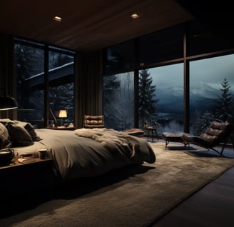 luxury hotel bedroom overlooking with Swiss Alps