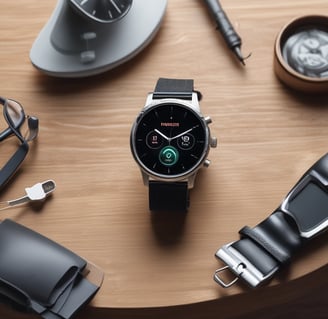 A collection of tech gadgets and accessories displayed on a wooden surface including a laptop covered with various tech-related stickers, two smart speakers, a smartphone, smart watch, and wireless earbuds.