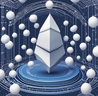 Symbols of Ethereumand Bitcoin are depicted using small white spheres on a blue, tiered platform, creating a modern and digital aesthetic.