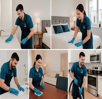 NexaPro team performing standard home cleaning in bedroom, kitchen, and bathroom