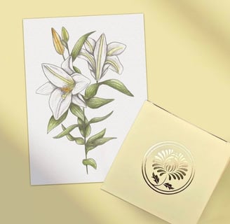 Card featuring an hand-drawn lily botanical illustration next to a small yellow box on a yellow background