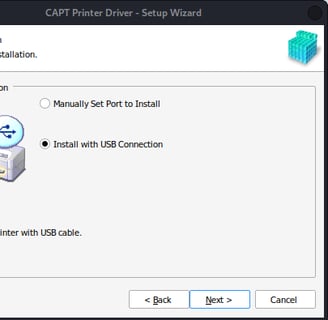 Printer driver installation screen on a computer for resolving offline printer issues.