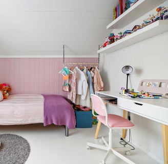 a bedroom with a bed and a teddy bear