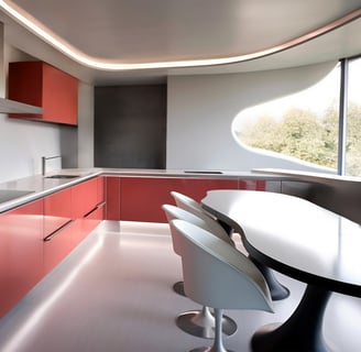 a kitchen with a table and chairs and a table