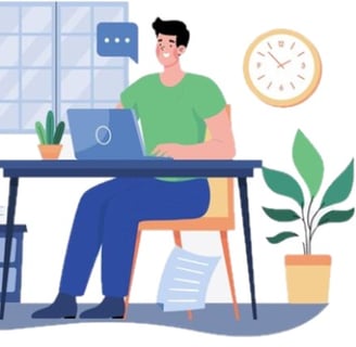 Image showing a man at his desk studying happily in a home environment.
