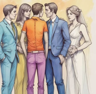 Illustration of several individuals in suits, representing the concept of open relationships and social dynamics.