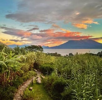 tropical garden overlooking a lake and volcano in Guatemala