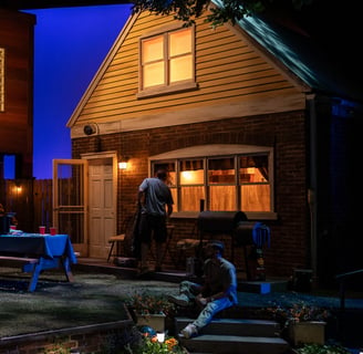 Lottery Day - Two houses (one modern, one classic Chicago) and an expansive backyard at night