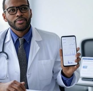 Ilustração colorida com smartphone exibindo ícones de ferramentas de marketing médico