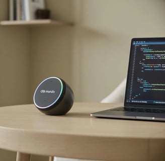 Assistente de voz inteligente portátil em cima de uma mesa ao lado de um notebook