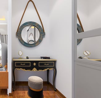 a room with a mirror and a mirror
