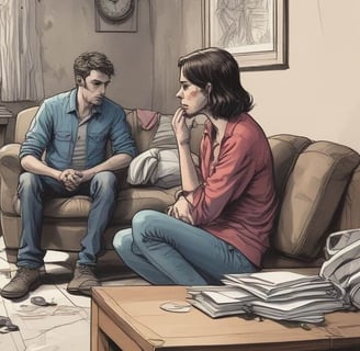 A couple sits on a couch surrounded by disarray, symbolizing conflicts in their relationship.