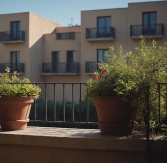 pots en terre cuite garnis de plantes vertes sur le rebord d’un balcon à l'ombre