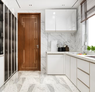 a kitchen with a wooden door and a wooden door