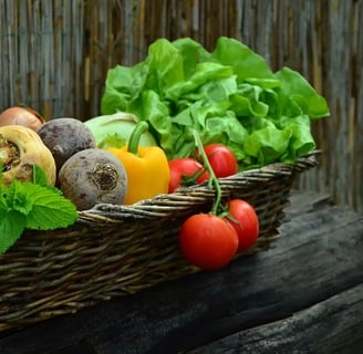 Panier en osier rempli de légumes frais du jardin : laitue, tomates, betteraves, poivron jaune