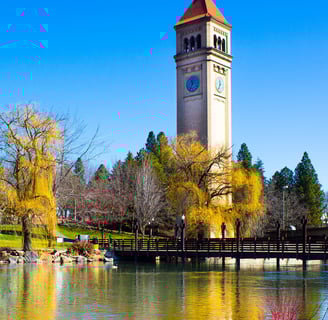 Spokane, WA - View from footbridge, the Clocktower & Spokane Pavillion in the background