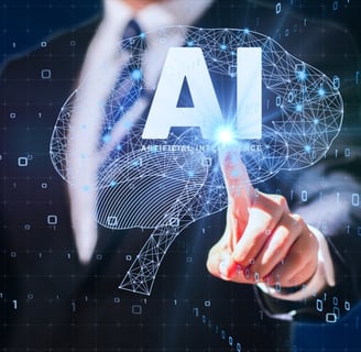 a man in a suit and tie is pointing at a brain map of ai-ai integrated digital marketing