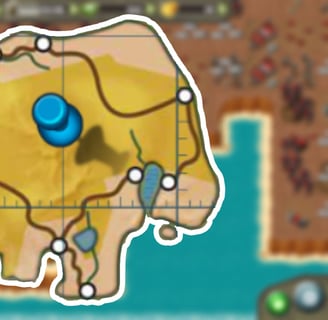 Desert map logo with a scorpion and a blue pin on top of the topographival view of the map