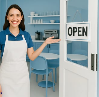 Smiling café employee in blue and white welcoming customers at bright modern coffee shop entrance.