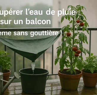 Balcon urbain avec plantes en pots sous la pluie, système de récupération d’eau fait maison