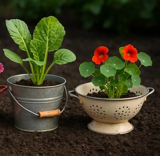 Pot de fleurs DIY fabriqué à partir d’une passoire en métal, contenant des capucines