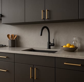 Moderne Küche mit dunklen Fronten, goldenen Griffen und grauer Arbeitsplatte.