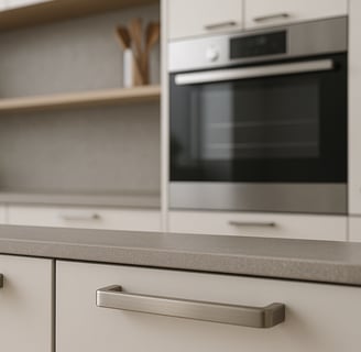 Moderne Küche mit schlichten Edelstahlgriffen auf hellen Fronten.