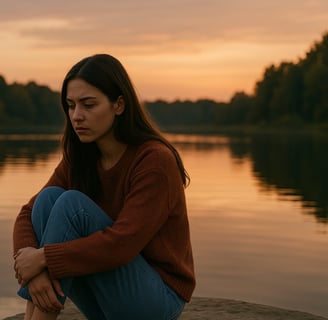 Ilustrasi perempuan muda sedang duduk sendiri di tepi danau, wajah murung, suasana senja, simbolik healing masa kini