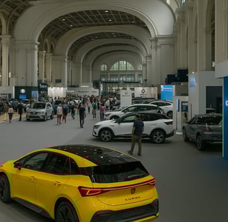 Exposición de vehículos eléctricos en el Automobile Barcelona 2025, en el recinto Fira Montjuïc