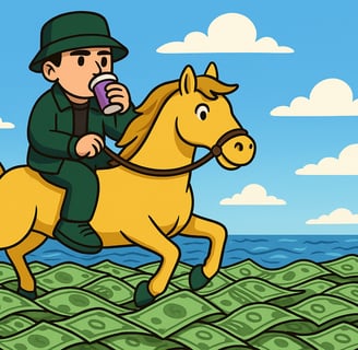 ustensaft Jüngling auf einem goldenen Pferd reitend über ein Meer aus Geldscheinen. Die Figur trägt luxuriöse Kleidung und wi