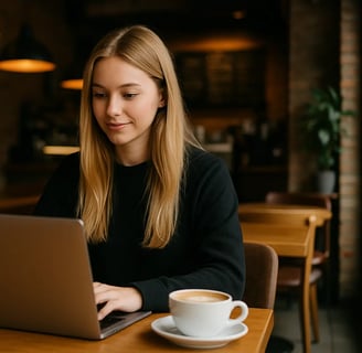 a woman sitting at a table with a cup of coffee and lap top