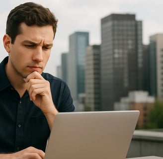 a man sitting at a table with a laptop computer