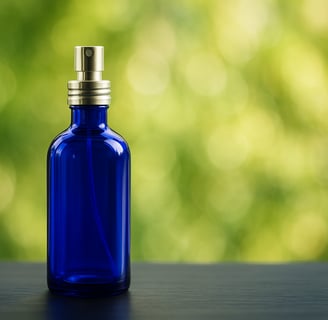 a blue bottle of hydrosol with a gold cap