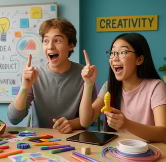 a group of young adults sitting at a table with pencils and markers