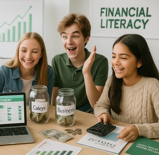a group of people sitting at a table with money