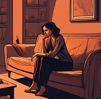 A couple sitting on a couch in a living room, the woman looking pensive and sad while her husband sits beside her.