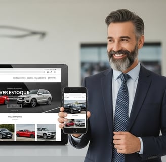 A professional website for a car business, with text in Portuguese, displayed correctly on a desktop