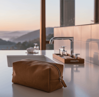Toiletry bag on a bathroom countertop in a hotel room by overlooking mountain view