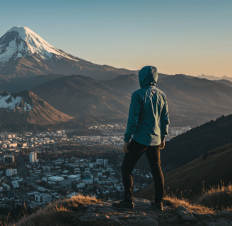 Traveler wearing stylish adaptable apparel stands at a viewpoint where a modern city