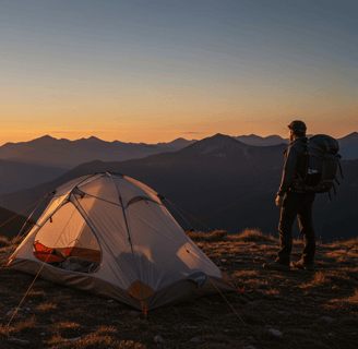 Man camping on top of hill with mountain view with best 2 person camping tent