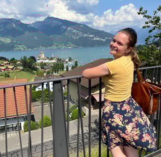 Corinne from Hidden Switzerland Travel looking out over Spiez