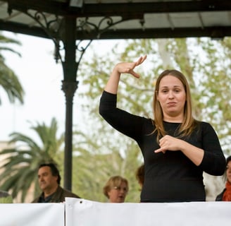 a sign language interpreter on stage at a public event