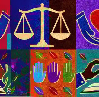 Collage de símbolos que representan valores y pasiones personales.