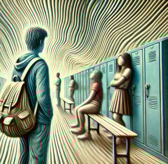 A student walks through a warped school hallway, with lockers and students appearing stretched and surreal, paranoia