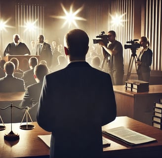 Courtroom scene filled with reporters, judge, and lawyers under bright spotlights