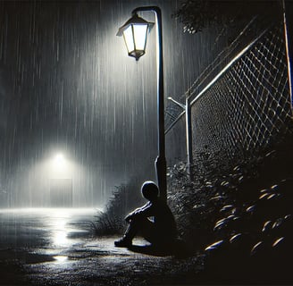 A boy sits under a streetlamp in heavy rain, symbolizing loneliness, abandonment, and silent suffering