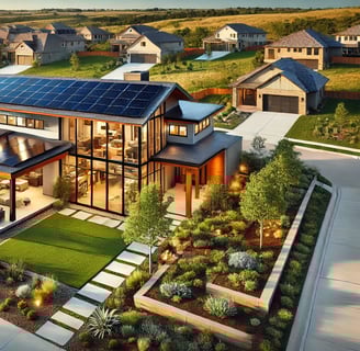 An eco-friendly home in Overland Park featuring solar panels, energy-efficient windows, and drought-