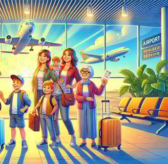 a family of four people standing in front of a plane