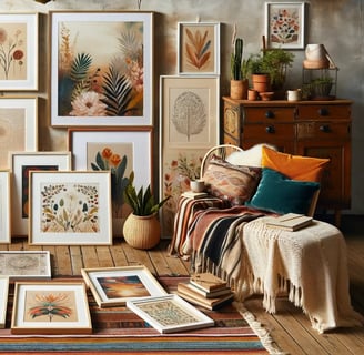 a Bohemian-style room where various framed art pieces are laid out on the floor to plan a gallery wall