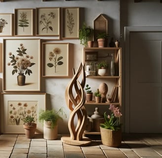Bohemian-inspired indoor setting featuring a series of framed botanical prints alongside a wooden sculpture